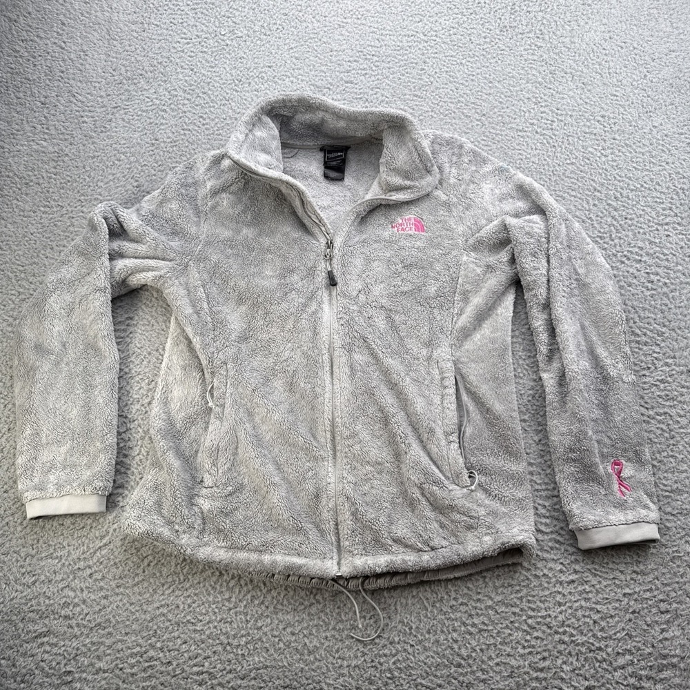 North Face Full Zip Jacket Womens Medium Gray Osito Fuzzy Fleece Breast Cancer